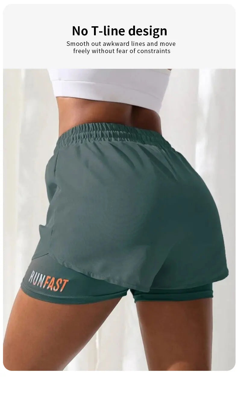 Women’s High-Rise Yoga Running Shorts – Elastic Waist Fake Two-Piece Fitness Pants