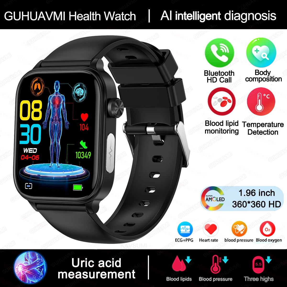 2025 ECG+PPG Smart Watch – Blood Pressure, Lipid, Uric Acid & Menstrual Health Tracker for Women