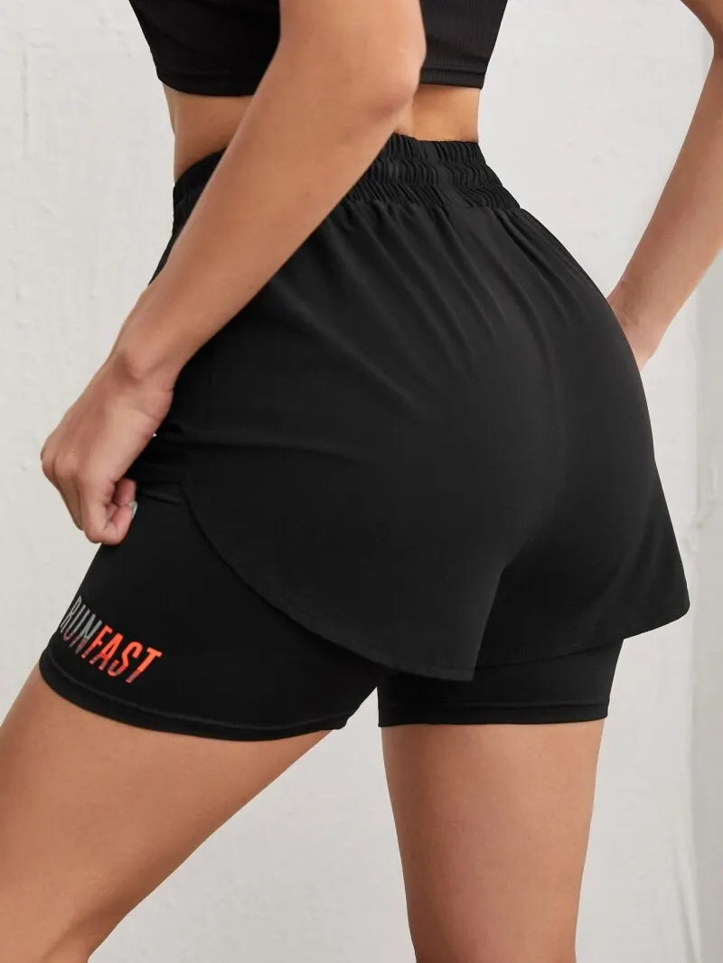 Women’s High-Rise Yoga Running Shorts – Elastic Waist Fake Two-Piece Fitness Pants