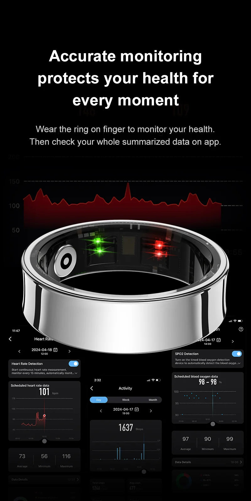 R09 Smart Ring with Charging Case – Heart Rate, Blood Oxygen & Skin Temperature Monitor, 5ATM Waterproof for Android & iOS