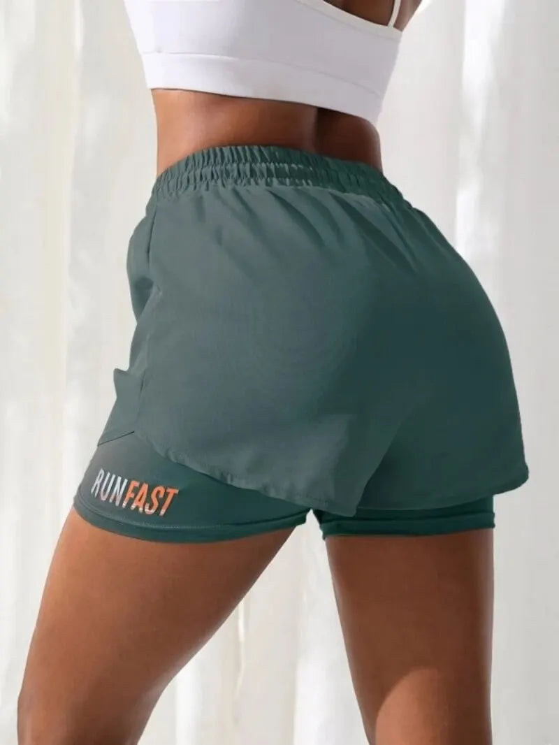 Women’s High-Rise Yoga Running Shorts – Elastic Waist Fake Two-Piece Fitness Pants