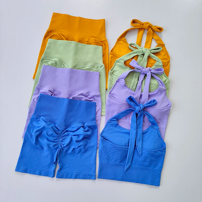 Peach Hip Lifting Sports Set – Neck-Hanging Shockproof Bra & Quick-Dry Shorts for Gym, Running, and Yoga
