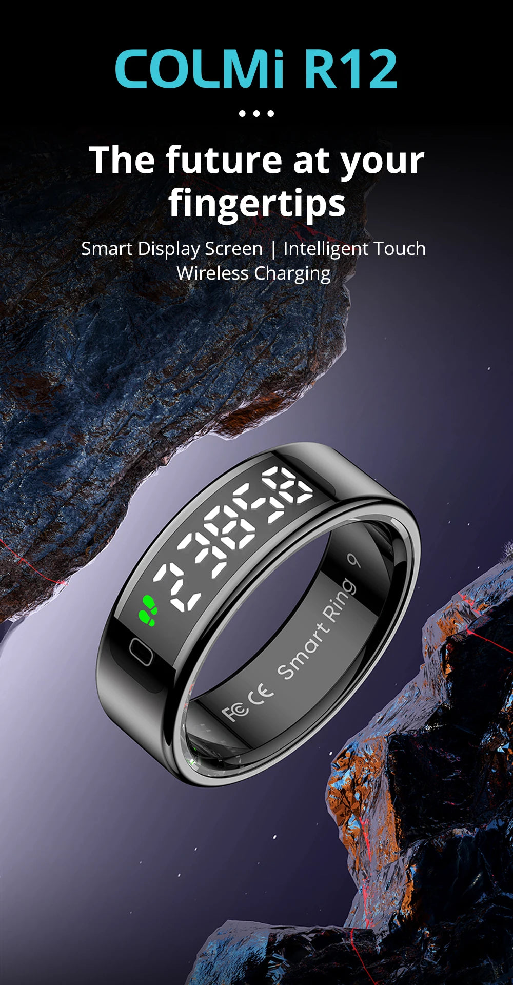 2025 COLMI R12 Smart Ring – Touch Display, Wireless Charging, Health Manager, 5ATM Waterproof