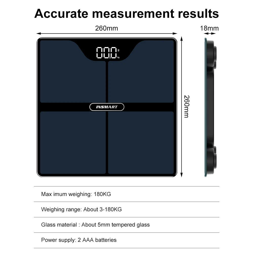 INSMART Digital Body Weight & Fat Scale – Professional Bioimpedance Smart Scale up to 180kg for Adults
