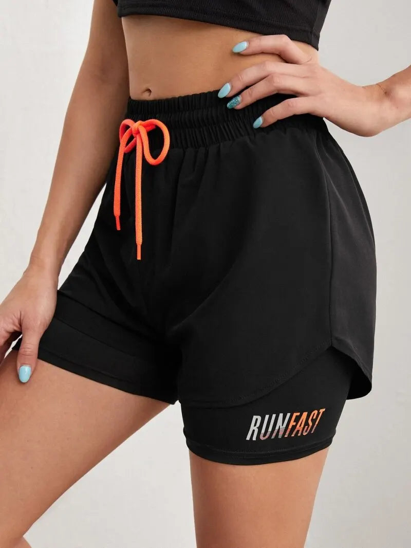 Women’s High-Rise Yoga Running Shorts – Elastic Waist Fake Two-Piece Fitness Pants