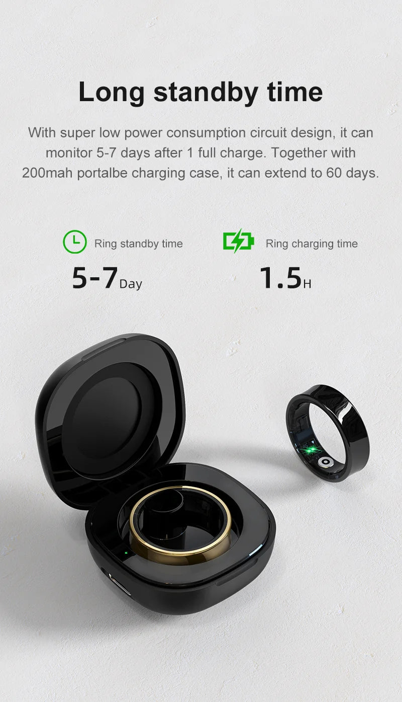 R09 Smart Ring with Charging Case – Heart Rate, Blood Oxygen & Skin Temperature Monitor, 5ATM Waterproof for Android & iOS