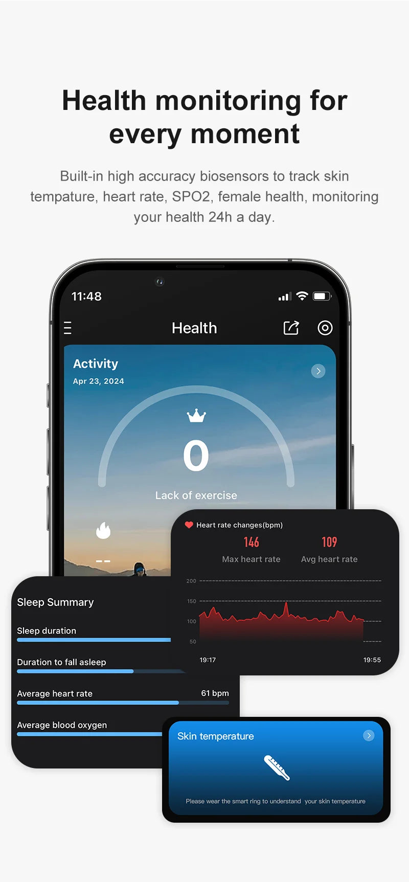 R09 Smart Ring with Charging Case – Heart Rate, Blood Oxygen & Skin Temperature Monitor, 5ATM Waterproof for Android & iOS