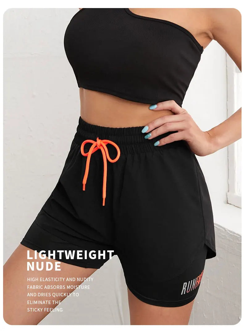 Women’s High-Rise Yoga Running Shorts – Elastic Waist Fake Two-Piece Fitness Pants
