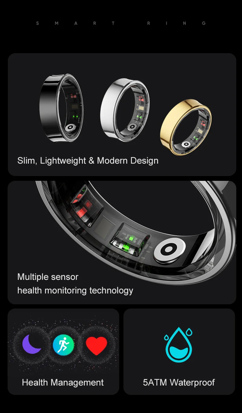 R09 Smart Ring with Charging Case – Heart Rate, Blood Oxygen & Skin Temperature Monitor, 5ATM Waterproof for Android & iOS