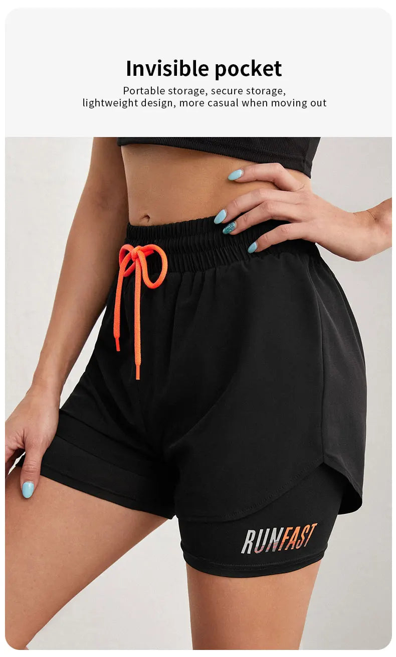 Women’s High-Rise Yoga Running Shorts – Elastic Waist Fake Two-Piece Fitness Pants