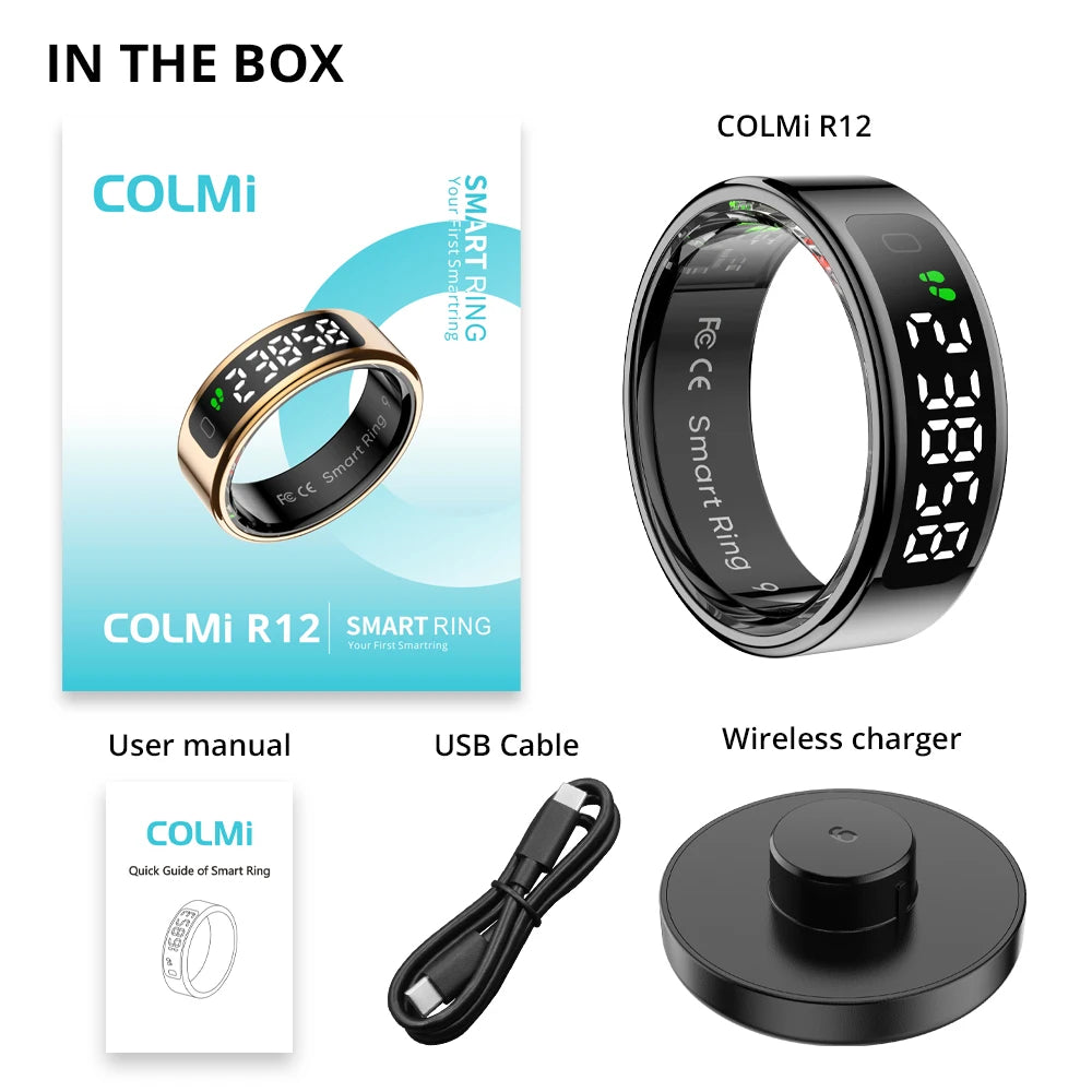 2025 COLMI R12 Smart Ring – Touch Display, Wireless Charging, Health Manager, 5ATM Waterproof