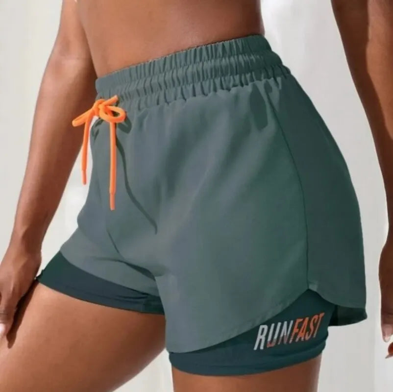 Women’s High-Rise Yoga Running Shorts – Elastic Waist Fake Two-Piece Fitness Pants