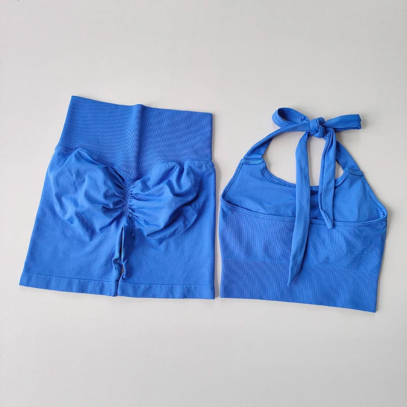 Peach Hip Lifting Sports Set – Neck-Hanging Shockproof Bra & Quick-Dry Shorts for Gym, Running, and Yoga