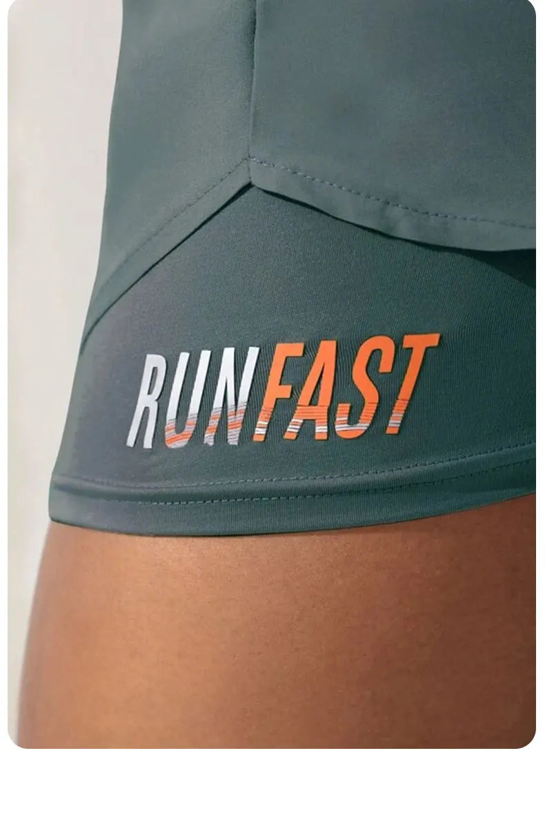 Women’s High-Rise Yoga Running Shorts – Elastic Waist Fake Two-Piece Fitness Pants