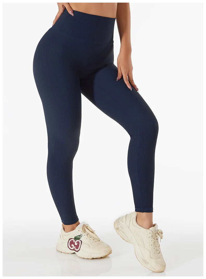 Ribbed Seamless High-Waist Yoga Pants – Women’s Tummy Control Gym Leggings & Running Tights