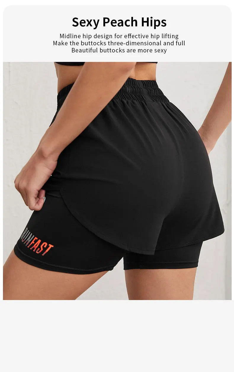 Women’s High-Rise Yoga Running Shorts – Elastic Waist Fake Two-Piece Fitness Pants