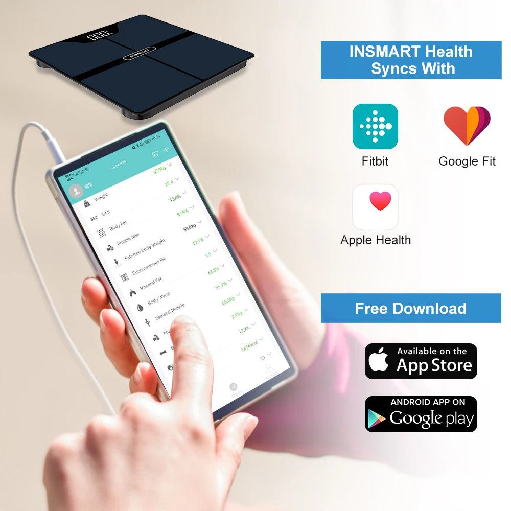 INSMART Digital Body Weight & Fat Scale – Professional Bioimpedance Smart Scale up to 180kg for Adults