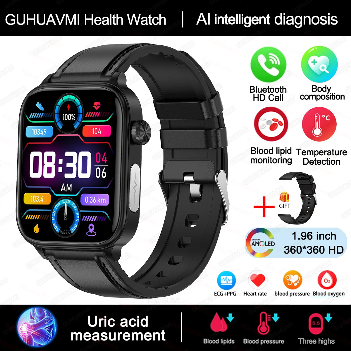 2025 ECG+PPG Smart Watch – Blood Pressure, Lipid, Uric Acid & Menstrual Health Tracker for Women