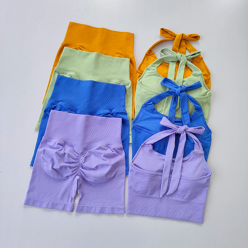 Peach Hip Lifting Sports Set – Neck-Hanging Shockproof Bra & Quick-Dry Shorts for Gym, Running, and Yoga
