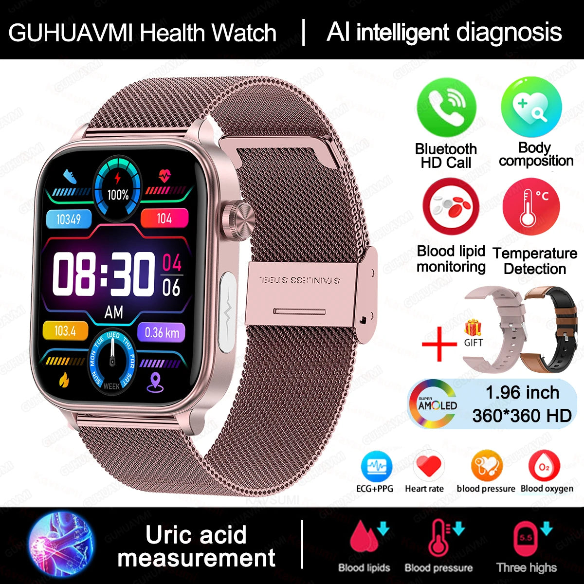 2025 ECG+PPG Smart Watch – Blood Pressure, Lipid, Uric Acid & Menstrual Health Tracker for Women