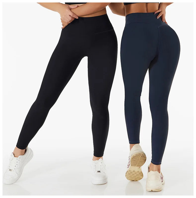Ribbed Seamless High-Waist Yoga Pants – Women’s Tummy Control Gym Leggings & Running Tights
