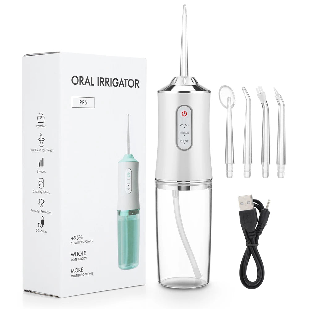 Portable USB Rechargeable Oral Irrigator – 4 Jet Tips, 220ml Water Flosser with 3 Modes