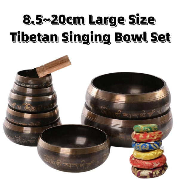 Tibetan Singing Bowl Set – 8.5 to 20cm Scripture Bowls for Meditation & Chakra Healing