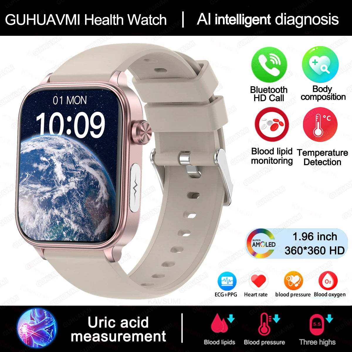 2025 ECG+PPG Smart Watch – Blood Pressure, Lipid, Uric Acid & Menstrual Health Tracker for Women