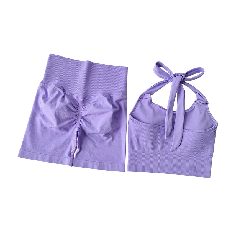 Peach Hip Lifting Sports Set – Neck-Hanging Shockproof Bra & Quick-Dry Shorts for Gym, Running, and Yoga