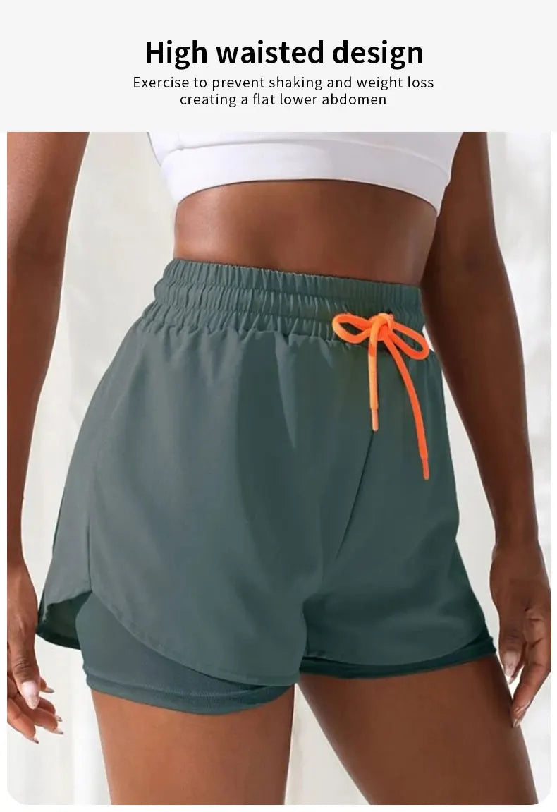 Women’s High-Rise Yoga Running Shorts – Elastic Waist Fake Two-Piece Fitness Pants