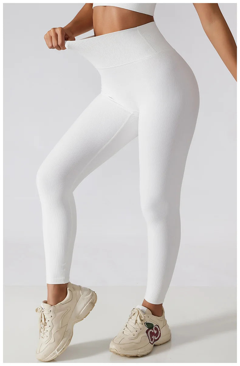 Ribbed Seamless High-Waist Yoga Pants – Women’s Tummy Control Gym Leggings & Running Tights