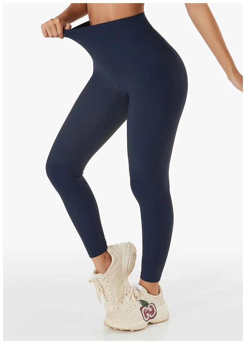 Ribbed Seamless High-Waist Yoga Pants – Women’s Tummy Control Gym Leggings & Running Tights