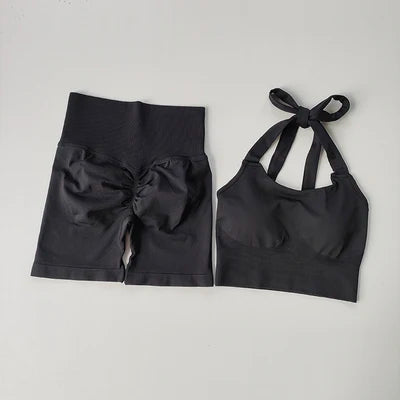 Peach Hip Lifting Sports Set – Neck-Hanging Shockproof Bra & Quick-Dry Shorts for Gym, Running, and Yoga